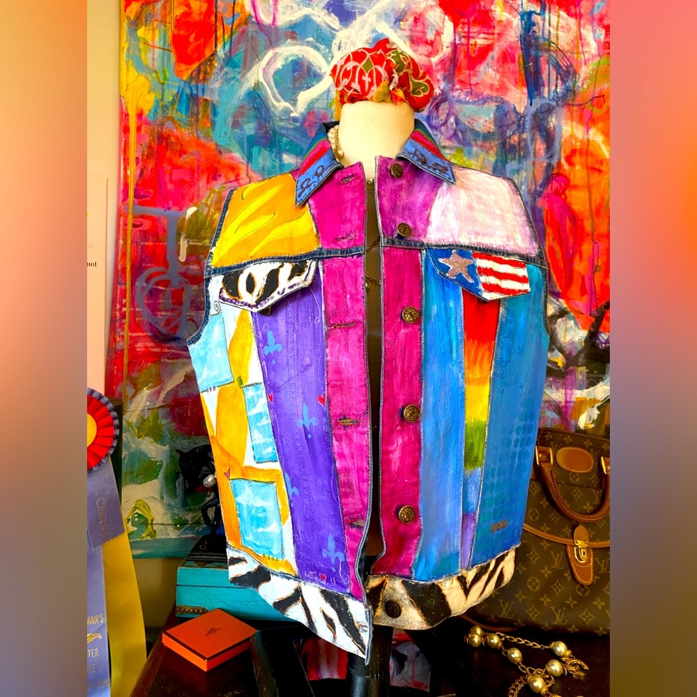 Laugh in Color Studio -me 😊 Wearable Art Colorful Hand-painted Denim Jean Vest 💖